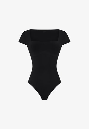 Body noir à manches courtes avec encolure carrée et fermetures à pression à l'entrejambe, silhouette ajustée.