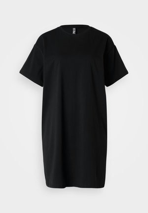 Zwarte oversized t-shirt van gladde katoen, met een ronde halslijn en korte mouwen. Eenvoudig ontwerp zonder patronen of accenten.