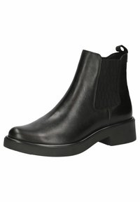 Stivaletto in pelle nera con pannelli laterali elasticizzati, punta rotonda e suola in gomma spessa. Texture liscia con una leggera lucentezza.
