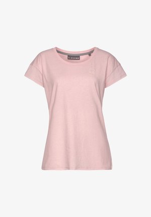 Roze T-shirt met korte mouwen van zacht katoen, met een ronde hals en een klein logo op de linkerborst. Gladde textuur, casual pasvorm.