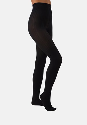 Zwarte geribde panty's met een hoge tailleband, een soepele textuur en een full-length ontwerp, dat een subtiel patroon herbergt.