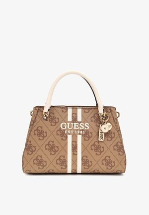 Brown Guess handbag with cream handles, logo pattern, vertical stripes, and branded keychain charms on a white background.