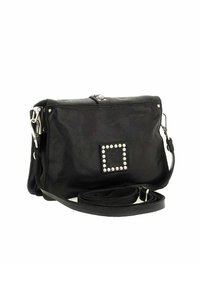 Borsa a tracolla in pelle nera con forma rettangolare, chiusura a scatto e accenti decorativi di strass sul fronte. Include una tracolla regolabile.