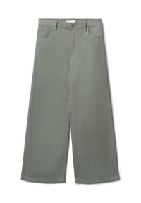 Pantaloni a gamba larga grigi realizzati in morbido tessuto di cotone. Presentano una chiusura con bottone frontale, due tasche laterali e una superficie liscia.