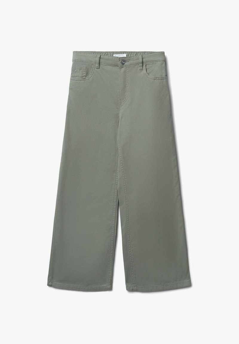 Pantalons larges gris en coton doux. Dotés d'une fermeture à bouton sur le devant, de deux poches latérales et d'une texture lisse.