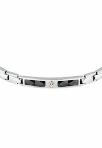Svimetallarmband som har rektangulära svarta ädelstenar och en roséguldaccent i mitten, med en slät, polerad yta.