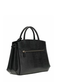 Sac à main noir avec un motif crocodile texturé, deux poignées et une poche zippée à l'avant. Forme structurée avec une finition lisse.