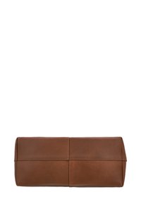 Brown leather clutch bag, rectangular shape, smooth texture, featuring a stitched seam detail along the sides. No visible hardware or accents.