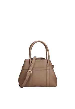 Sac à main en cuir taupe texturé avec deux poignées supérieures et une bandoulière réglable avec boucle dorée, de forme rectangulaire structurée.