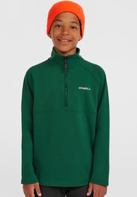 Groene rits-pullover van zachte stof, met een opstaande kraag en een wit logo op de linkerborst. Draagt een oranje beanie.