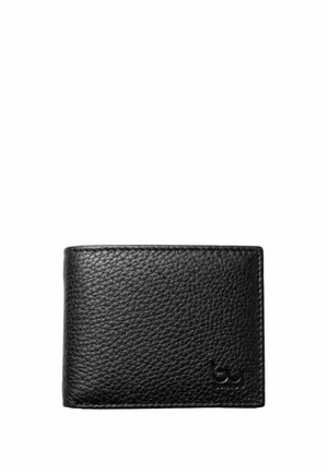 Portafoglio bifold in pelle nera texturizzata con bordi cuciti e piccolo logo impresso nell'angolo in basso a destra.