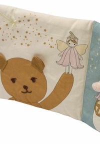 Rectangular cushion featuring a teddy bear design with embroidered details, pastel colors, soft fabric, and decorative star patterns.