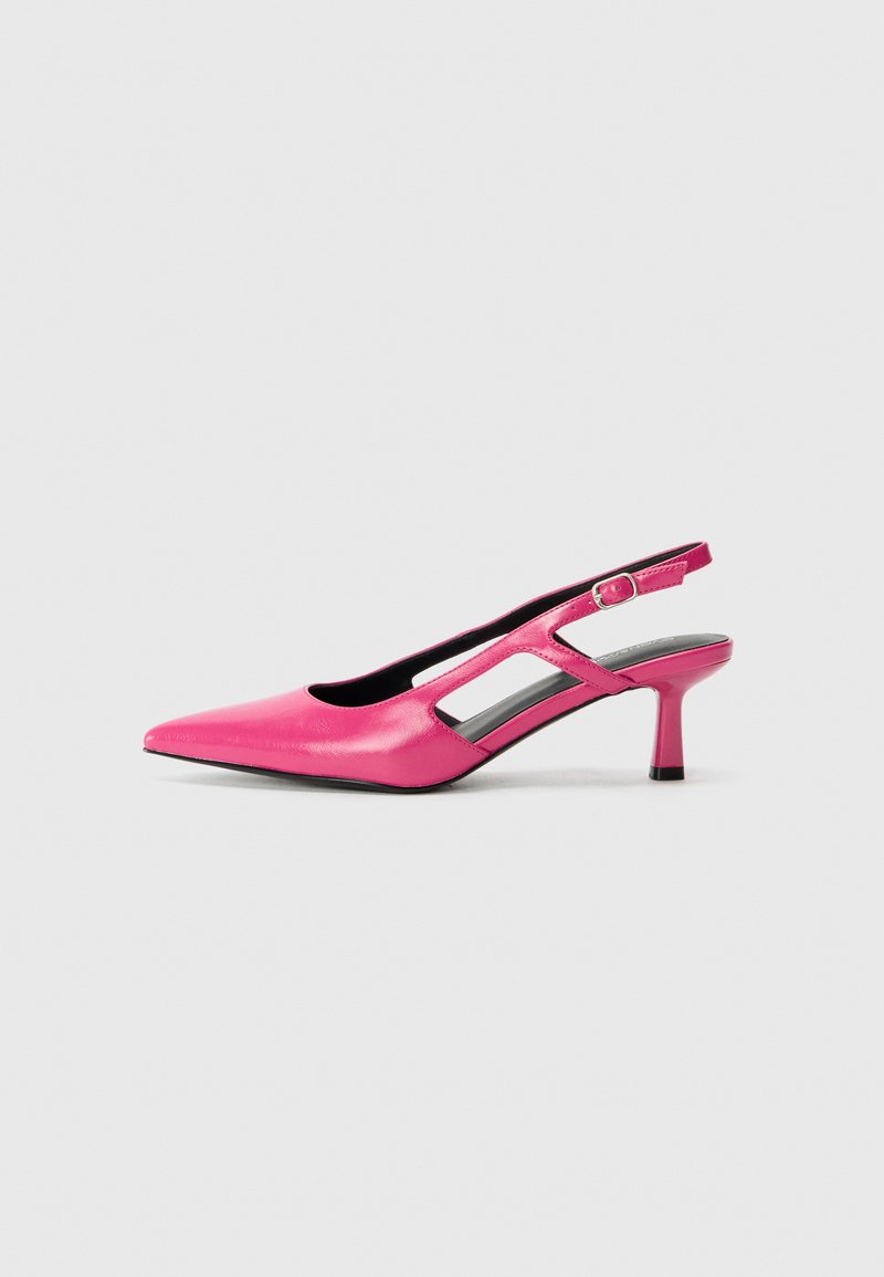 Pink leather slingback pump with a pointed toe, cut-out detailing, and a low heel. Smooth texture and adjustable buckle closure.
