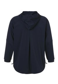 Dunkelblaues Kapuzenjacke mit lockerem Schnitt, langen Ärmeln und einer Rückenbelüftung. Verfügt über verstellbare Kordeln am Saum für eine individuelle Passform.
