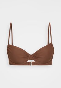 Brun bikini-top med underwire, rynker, justerbare stropper og metallklips-lukking bak. Glatt, elastisk stoff.