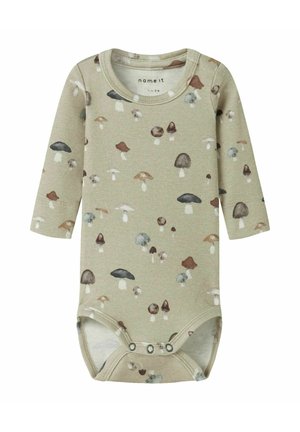 Beige babybodysuit met lange mouwen, bedrukt met een multicolor paddenstoelpatroon en drukknoopjes bij het kruis, maat 1-2 maanden.