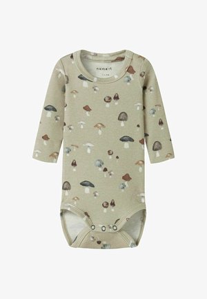 Beżowy bodziak dla niemowląt z długim rękawem, w wielokolorowy wzór grzybów, z napami przy kroku, rozmiar 1-2 miesiące.