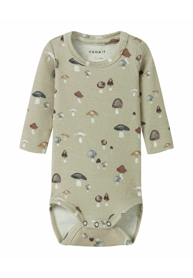 Beżowy bodziak dla niemowląt z długim rękawem, w wielokolorowy wzór grzybów, z napami przy kroku, rozmiar 1-2 miesiące.