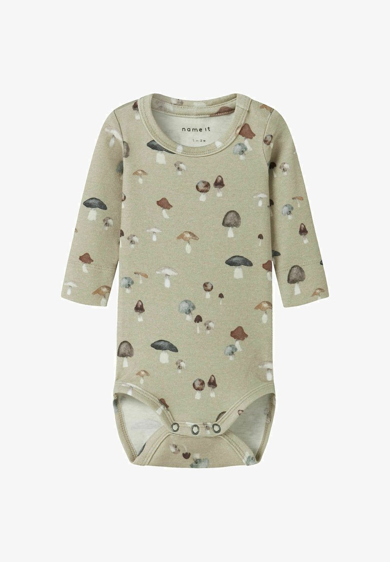 Beżowy bodziak dla niemowląt z długim rękawem, w wielokolorowy wzór grzybów, z napami przy kroku, rozmiar 1-2 miesiące.