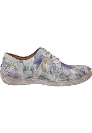 Schnürschuhe mit floralem Muster in hellbeige und lila Farbtönen, ausgestattet mit einem Obermaterial aus strukturiertem Stoff und einer gummiartigen, hellen Sohle.
