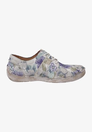 Chaussures à lacets à motif floral en-beige clair et nuances de violet, présentant une tige en tissu texturé et une semelle en caoutchouc de couleur claire.