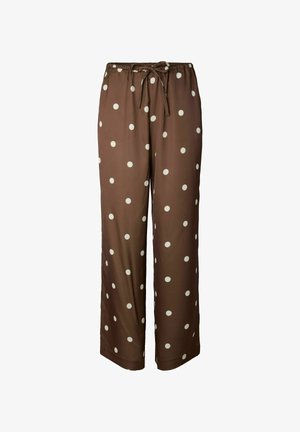 Brune bukser med elastisk midje og knytedetalj, med store hvite polkadotter, vid bukseben og glatt, lett stoff.