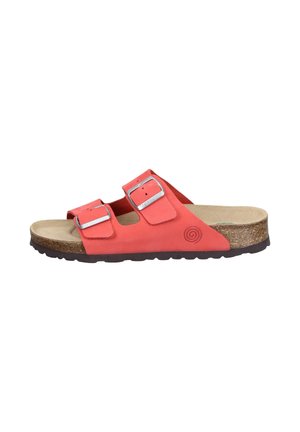 Red suede two-strap sandal featuring silver buckles, a cork sole, and a textured rubber outsole. Smooth footbed for comfort.