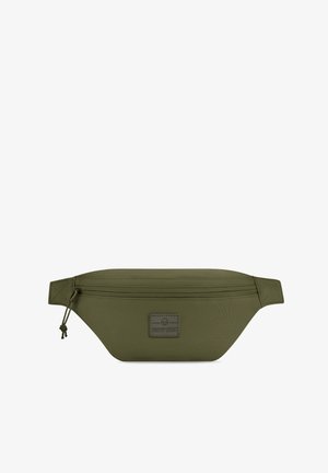 Oliwkowa nerka wykonana z trwałego materiału, z zamkiem błyskawicznym, naszywką z logo oraz minimalistycznym designem o kanciastym kształcie.