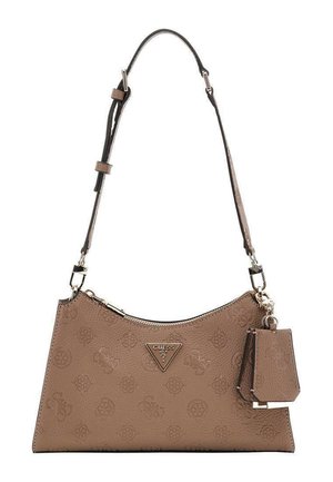 Sac à main marron Guess avec motif logo embossé, bandoulière réglable, fermeture éclair et petite pochette attachée sur le côté.