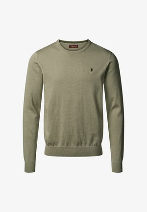 Zielony sweter dzianinowy z okrągłym dekoltem, ściągaczami przy rękawach i na dole. Posiada mały akcent logo na piersi.