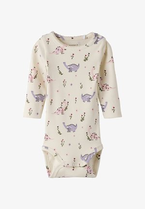 Geribbelde babybody in crème met lange mouwen, voorzien van een pastelkleurig dinosauruspatroon en kleine bloemaccenten; drukknoopsluitingen aan de onderkant.