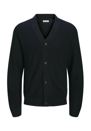 Cardigan de punto negro con escote en V, cierre frontal de cinco botones y textura acanalada. Las mangas están ligeramente ajustadas en los puños.