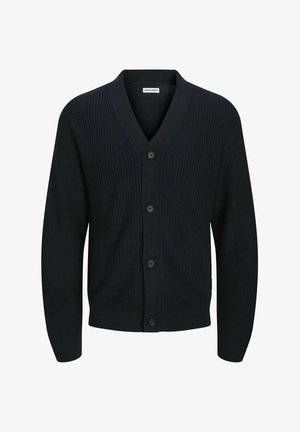 Schwarze Strickjacke mit V-Ausschnitt, fünfknöpfigem Frontverschluss und gerippter Textur. Die Ärmel sind an den Bündchen leicht tailliert.
