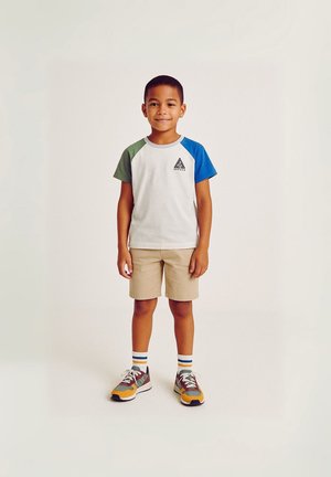 Niño vistiendo una camiseta gris con mangas de raglán verdes y azules, pantalones cortos beige y zapatillas multicolores con calcetas a rayas.