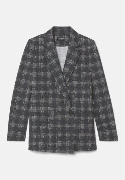 Dobbeltbrystet blazer i mørk navy stof med et hvidt ternet mønster. Har spidse klapper og to frontknapper. Glat tekstur.