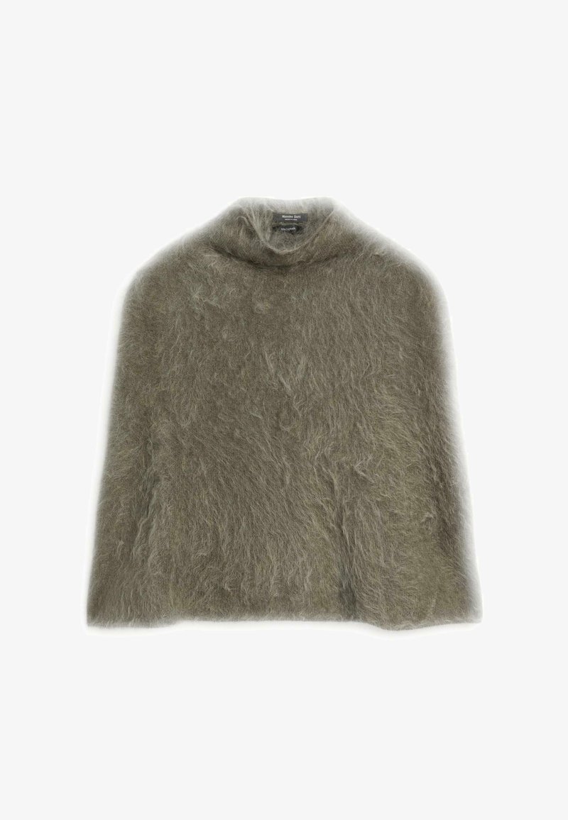 Gray mohair cape with a high neckline and soft, fuzzy texture. Features a loose, flowing silhouette with no visible fasteners.