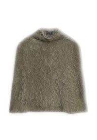 Cappa in mohair grigia con un colletto alto e una morbida texture pelosa. Presenta una silhouette ampia e fluida senza chiusure visibili.