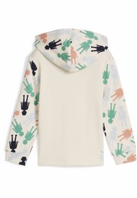 Sudadera con capucha en color crema, con siluetas en negro, verde, melocotón y azul en las mangas. Material de algodón suave con un corte relajado.