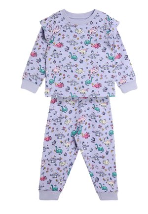 Kinder lavendel pyjamaset met kleurrijke dinosaurus- en bloemenprint, lange mouwen, ruches op de schouders en elastische manchetten.
