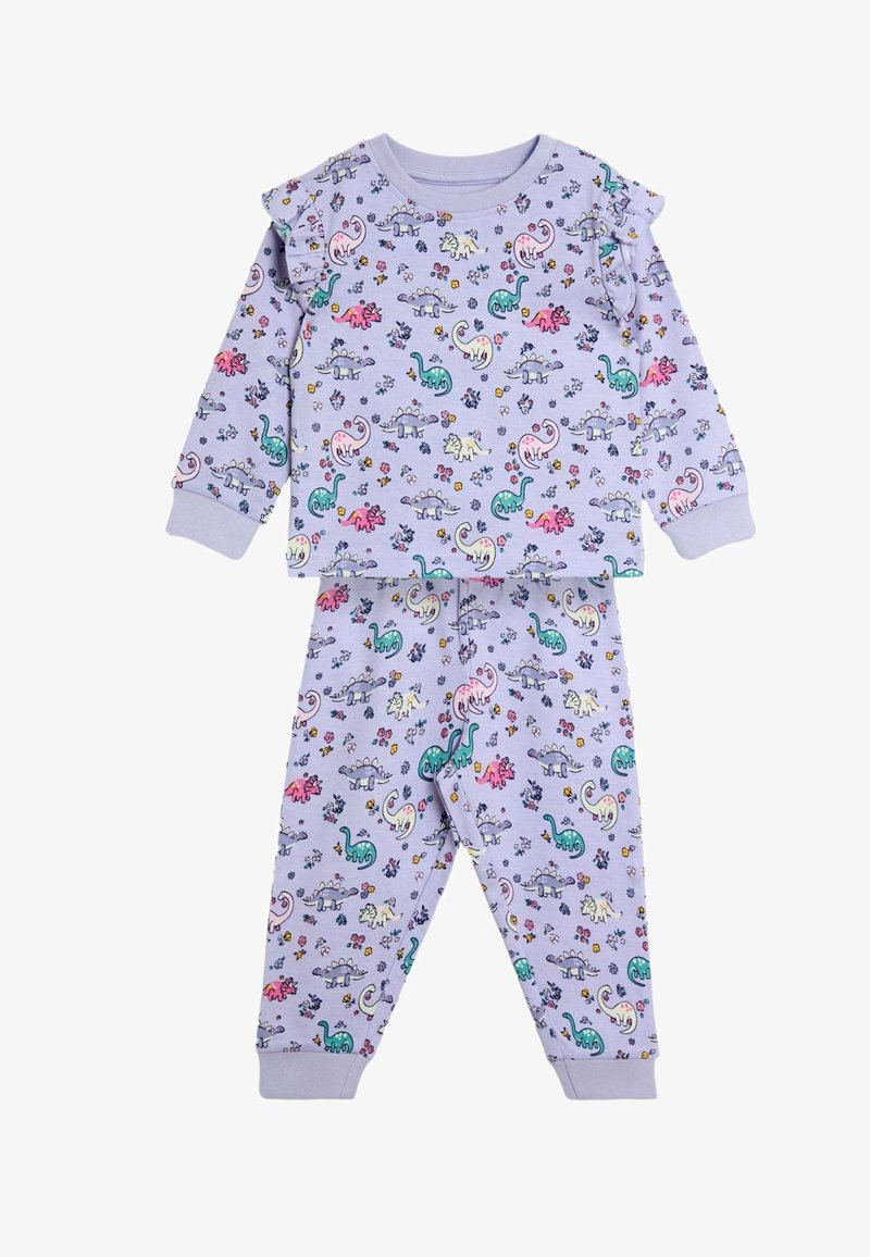 Set pigiama per bambini color lavanda con stampa colorata di dinosauri e fiori, maniche lunghe, dettagli arricciati sulle spalle e polsini elasticizzati.