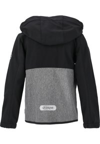 Zwarte en grijze hoodie met een gestructureerde grijze onderpaneel, elastische boorden en een klein logo op de achterkant.