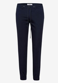 Marinblå avsmalnande byxor i lätt tyg, med ett elastiskt midjeband och dragsko samt elastiska muddar vid anklarna.