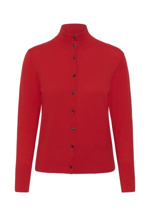 Cardigan roșu cu mâneci lungi, realizat dintr-un material moale, cu guler înalt, închidere cu nasturi negri și croială cambrată.