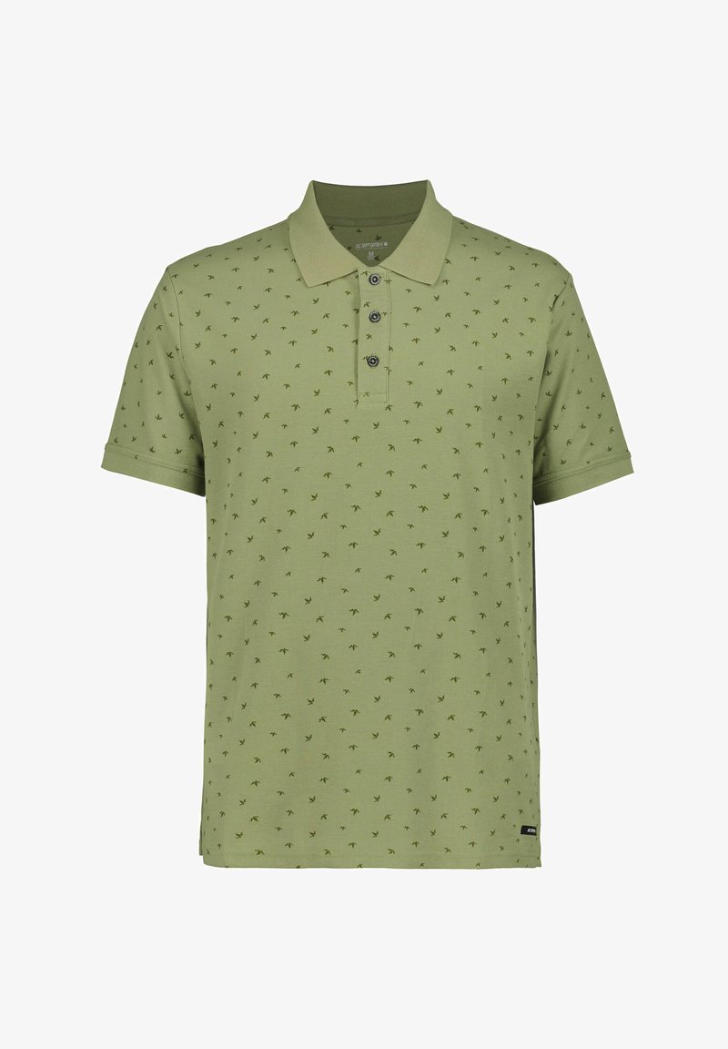 Groen poloshirt van katoen met een gestructureerde afwerking, voorzien van een subtiel patroon van kleine, donkergroene bladeren en een knoopsluiting met drie knopen.