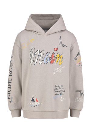 Hellbeiges Kapuzen-Sweatshirt mit buntem "moin"-Schriftzug, Möwen, Segelboot, Sonne und deutschen Sprüchen auf Vorderseite und Ärmeln bedruckt.