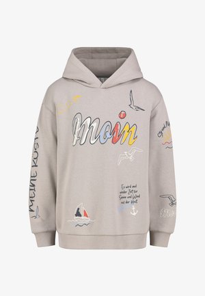Light beige hooded sweatshirt with colorful "moin" text, seagulls, sailboat, sun, and German phrases printed on front and sleeves.