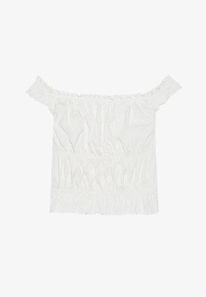 Bela bluzo brez naramnic z nabranimi detajli, nabranim teksturiranjem in elastičnim pasom. Narejena iz mehkega bombažnega blaga.