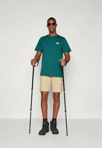 Teal t-shirt met korte mouwen met een klein logo, beige shorts, zwarte wandelschoenen en trekkingstokken op een neutrale achtergrond.