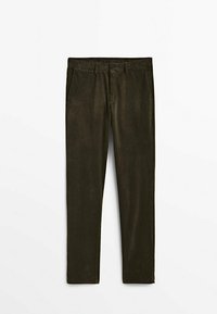 Dark green corduroy pants with a straight cut, featuring front pockets, a zip fly, and belt loops. Soft texture with a smooth finish.