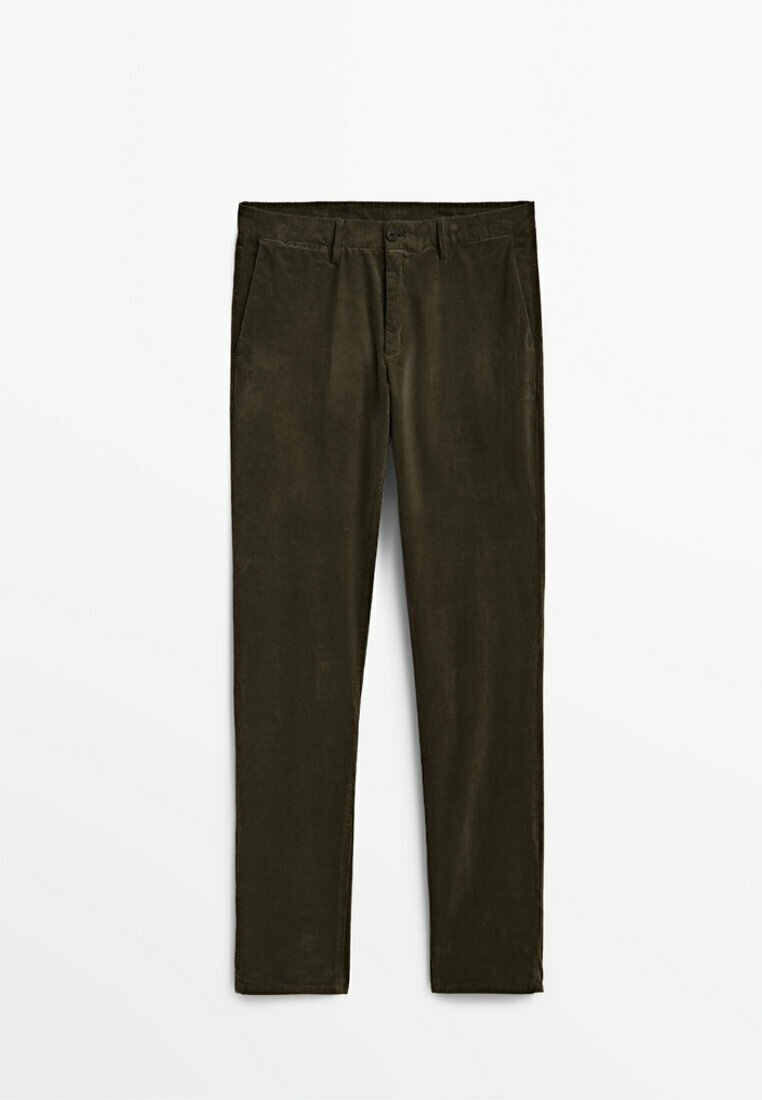 Dark green corduroy pants with a straight cut, featuring front pockets, a zip fly, and belt loops. Soft texture with a smooth finish.